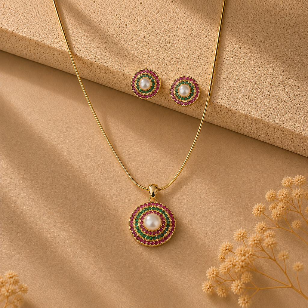 Grand Freshwater Pearl with Multi Stone Earrings & Pendant Set in Gold | Pearl Jewellery Set | Krishna Pearls & Jewellers