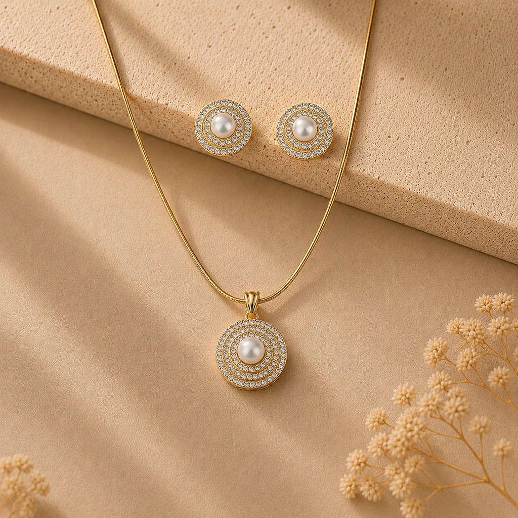 Grand Freshwater Pearl & CZ Earrings & Pendant Set in Gold | Pearl Jewellery Set | Krishna Pearls & Jewellers