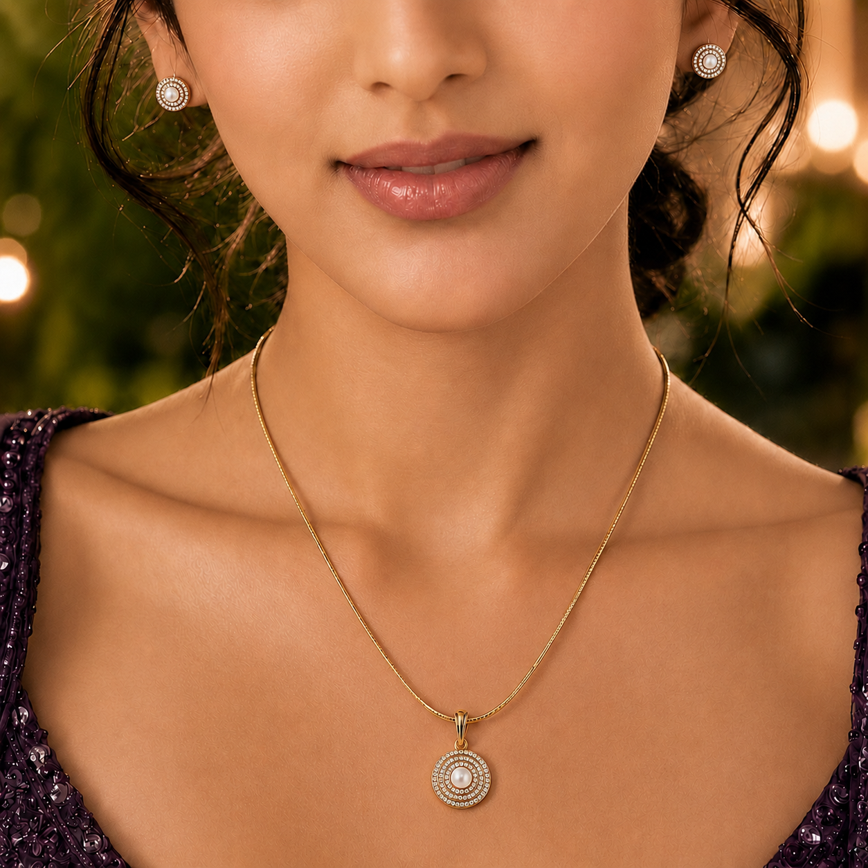 Grand Freshwater Pearl & CZ Earrings & Pendant Set in Gold | Pearl Jewellery Set | Krishna Pearls & Jewellers
