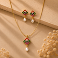 Heritage Freshwater Pearl with Multi Stone Earrings & Pendant Set in Gold | Pearl Jewellery Set | Krishna Pearls & Jewellers