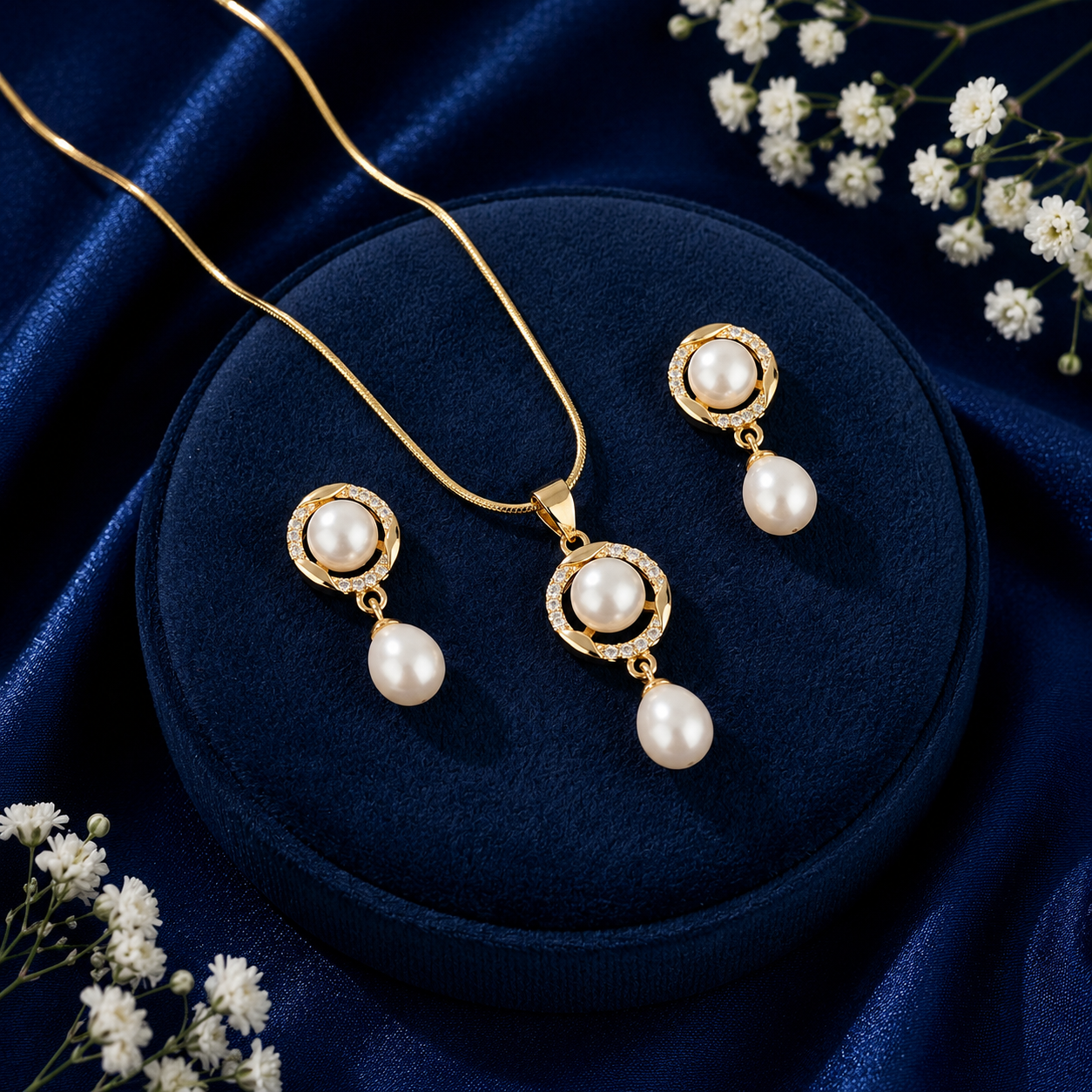 Heirloom Freshwater Pearl & CZ Earrings & Pendant Set in Gold | Pearl Jewellery Set | Krishna Pearls & Jewellers