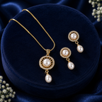 Heritage Freshwater Pearl & CZ Earrings & Pendant Set in Gold | Pearl Jewellery Set | Krishna Pearls & Jewellers