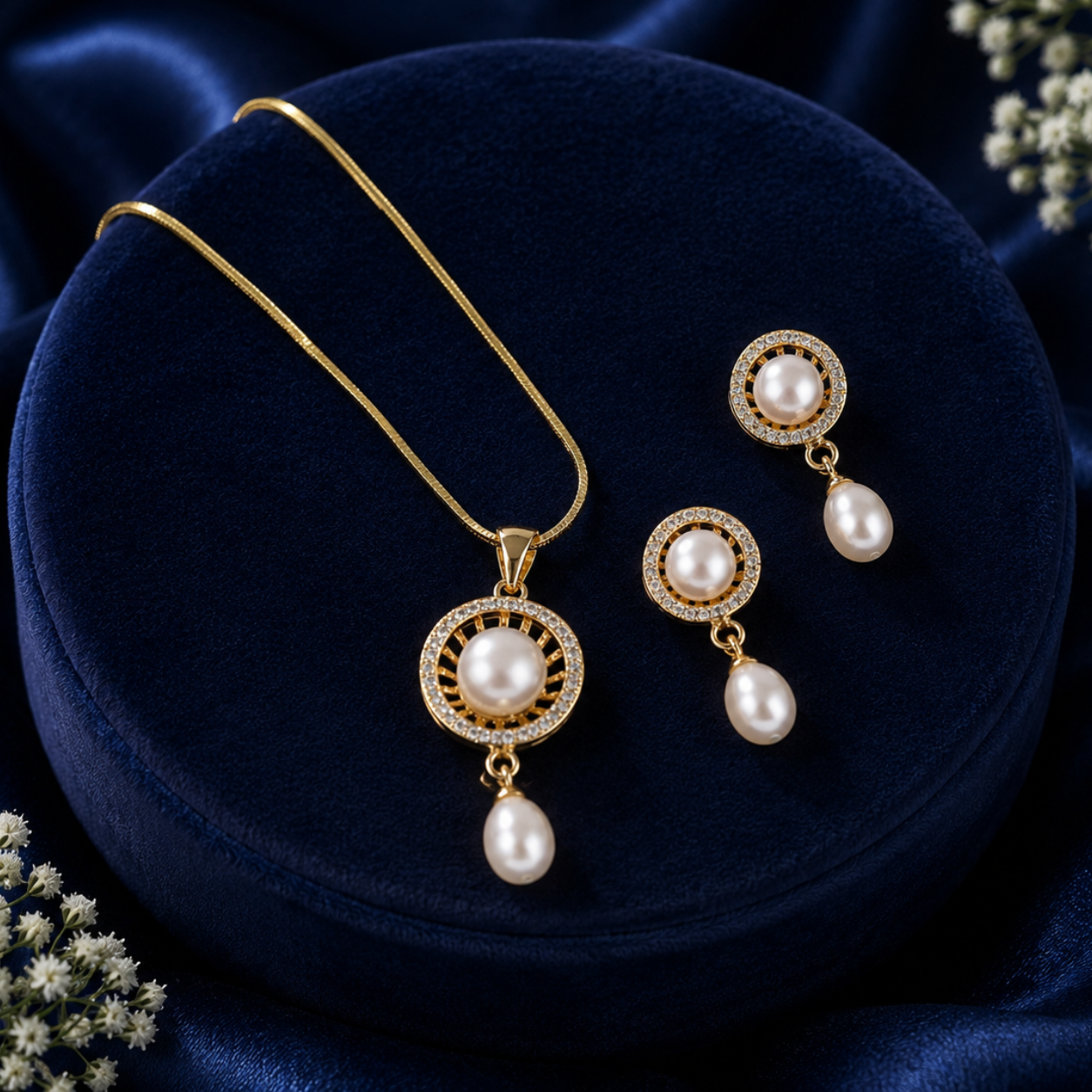 Heritage Freshwater Pearl & CZ Earrings & Pendant Set in Gold | Pearl Jewellery Set | Krishna Pearls & Jewellers