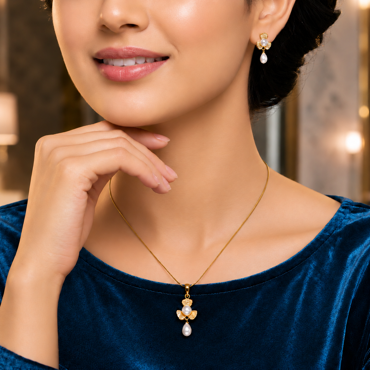 Golden Bloom Drop Pearl Pendant & Earrings