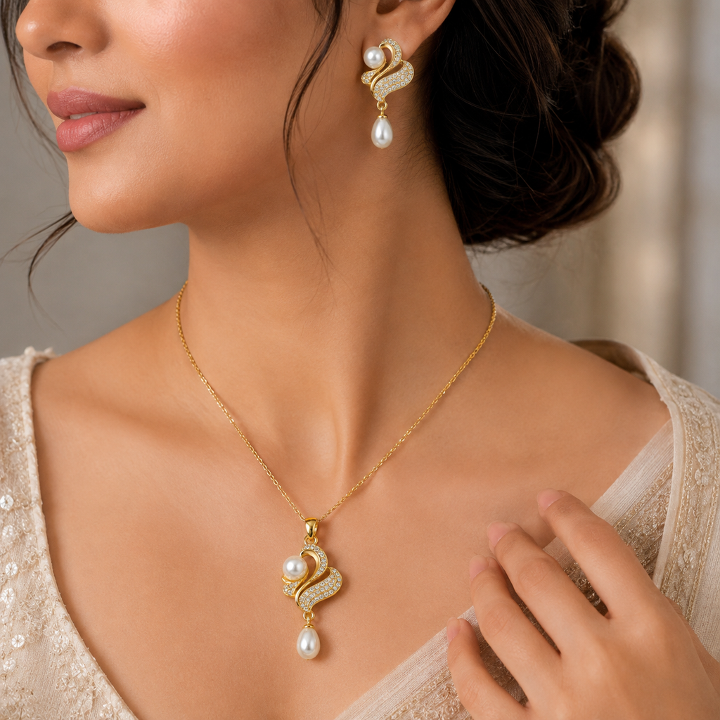 Gold Pearl Pendant & Drop Earrings Set for Women | Krishna Pearls and Jewellers