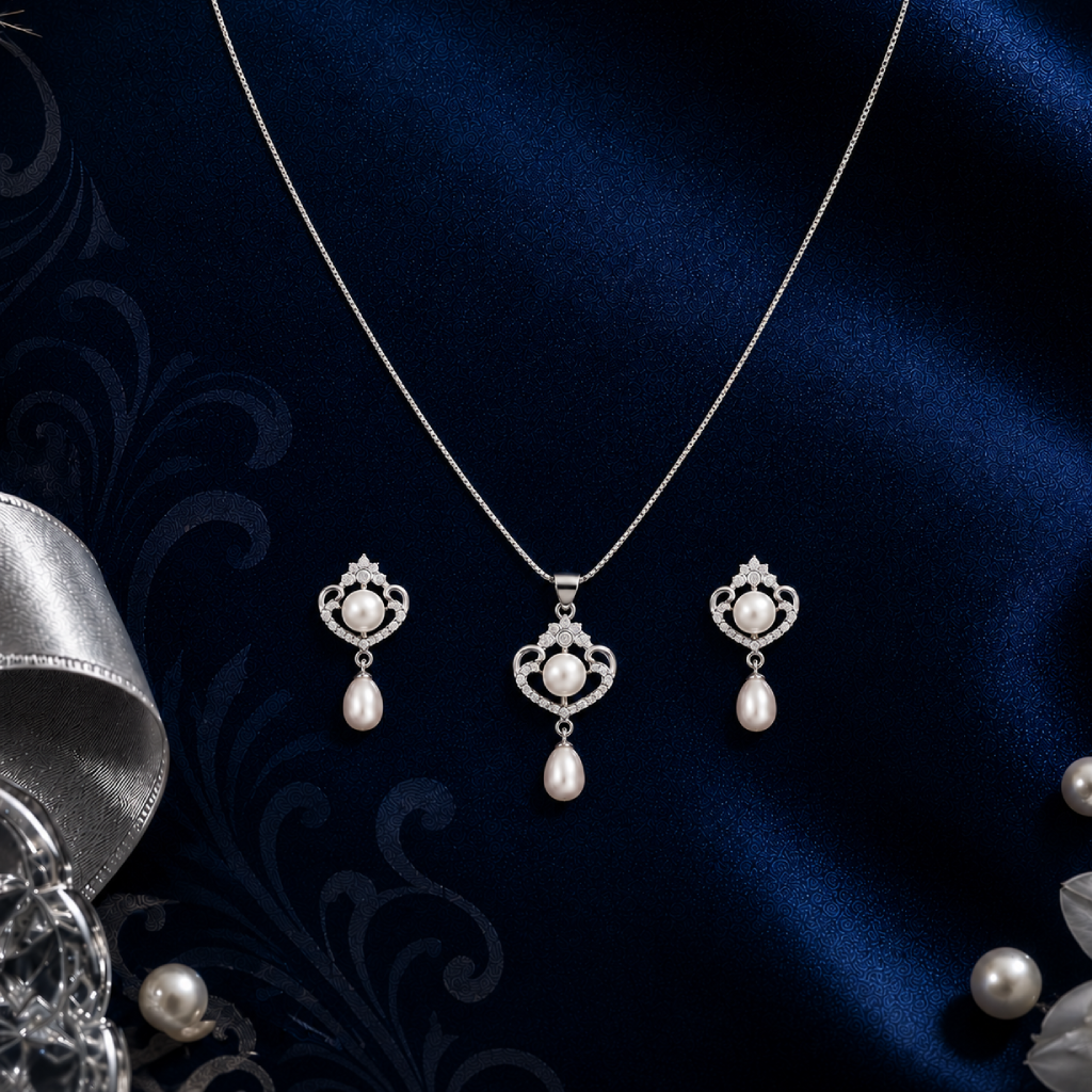 Regal Elegance White Pearl Jewelry Set | Krishna Pearls and Jewellers