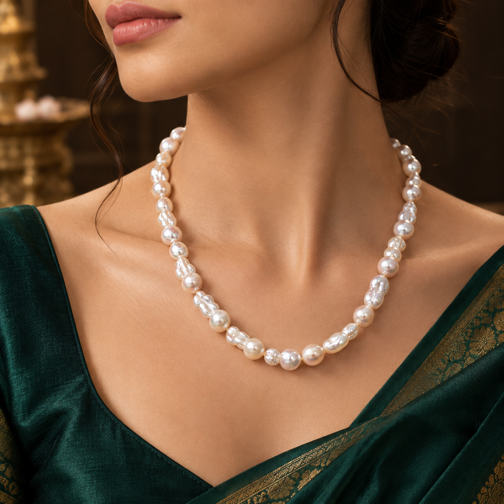 Natural Freshwater Pearl Seed Mala – Elegant Baroque Pearl Necklace | Krishna Pearls and Jewellers