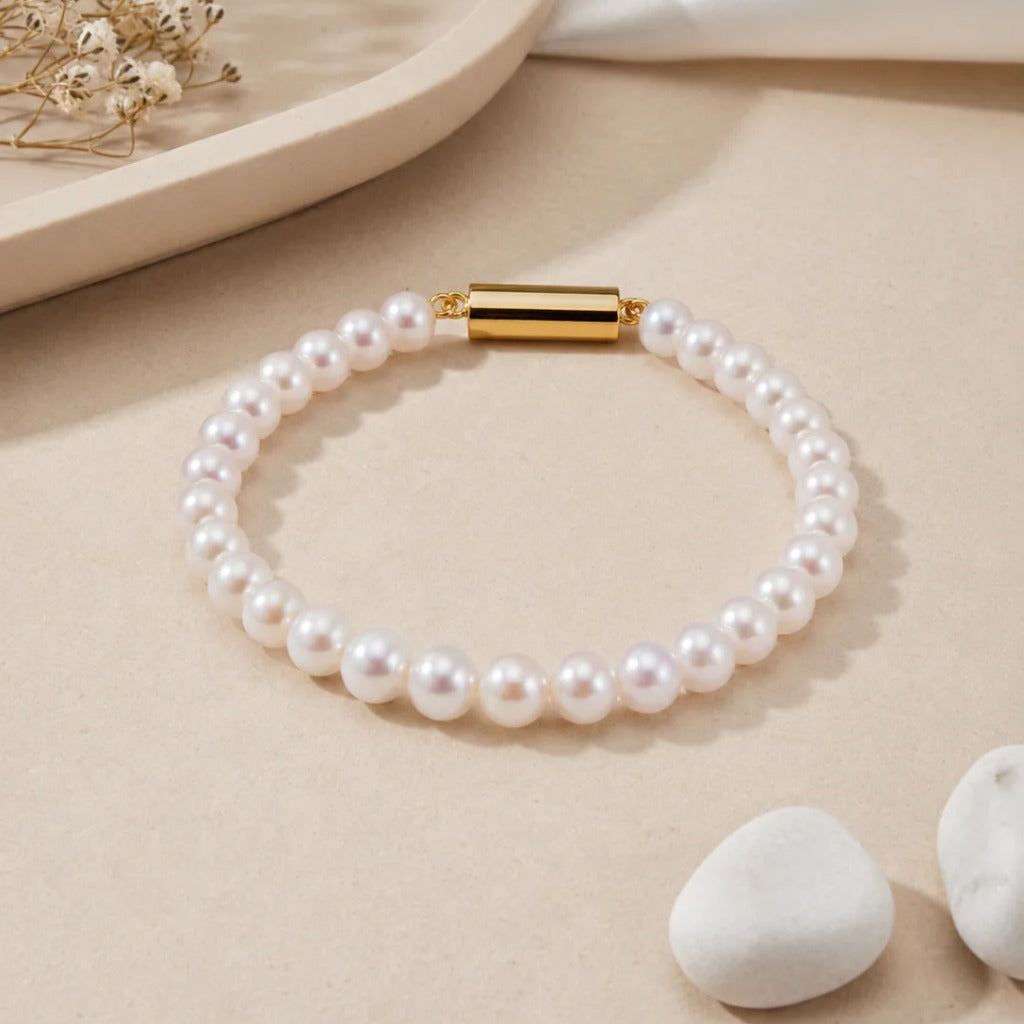 Golden Grace: Classic White Pearl Bracelet — view 1 — pearl jewellery — Krishna Pearls Hyderabad