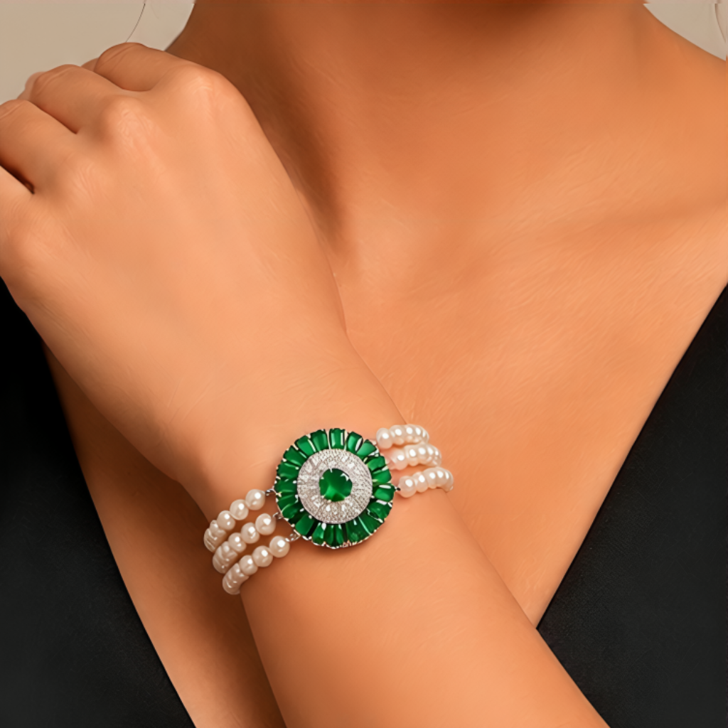 Emerald Bloom: Triple-Strand Pearl Bracelet — view 1 — pearl jewellery — Krishna Pearls Hyderabad