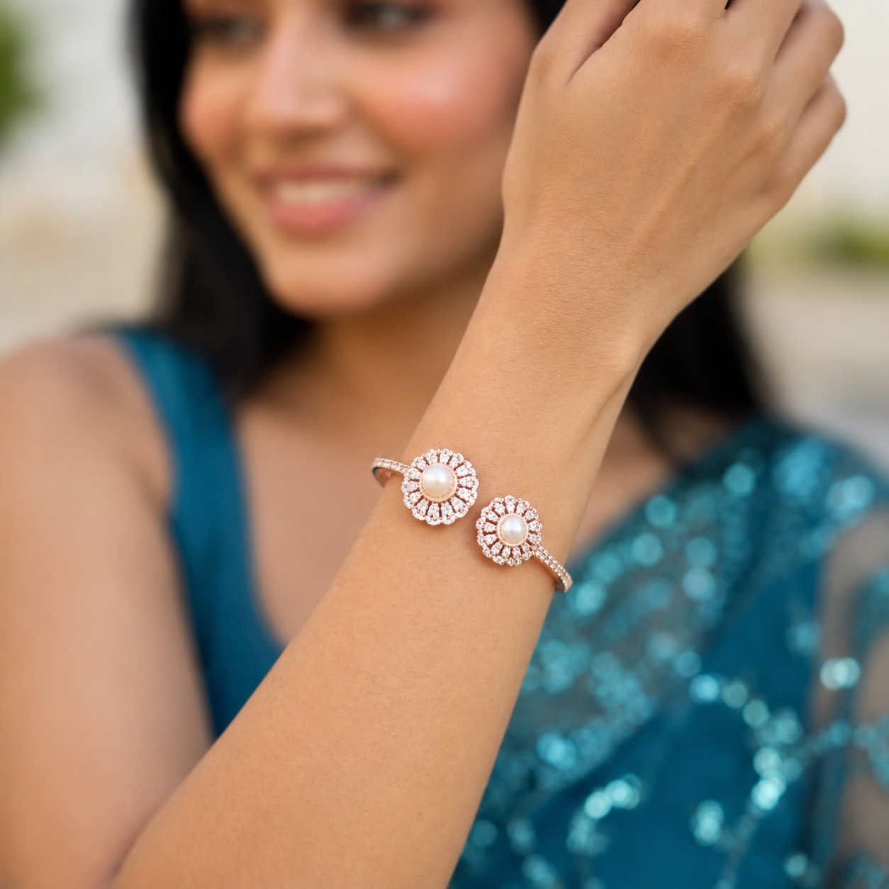 Alloy Rose Gold polish Floral Pearl Open Cuff Bracelet | CZ Diamond Adjustable Luxury Bangle for Women