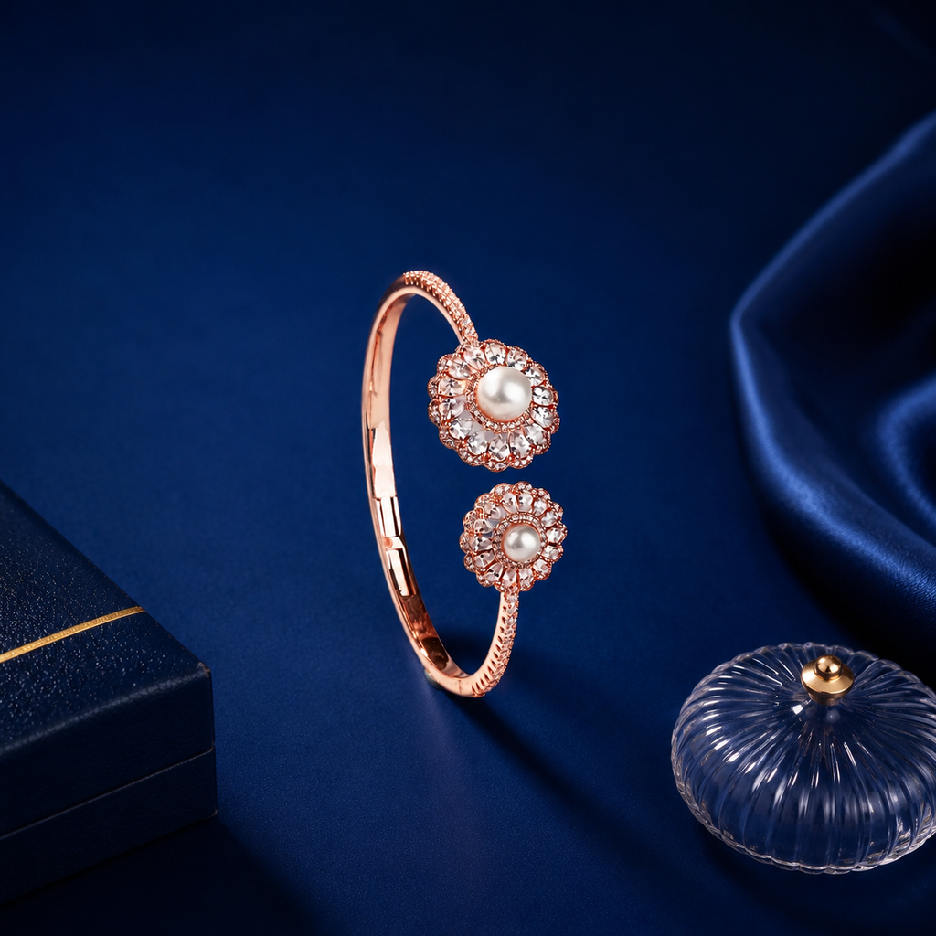 Alloy Rose Gold polish Floral Pearl Open Cuff Bracelet | CZ Diamond Adjustable Luxury Bangle for Women