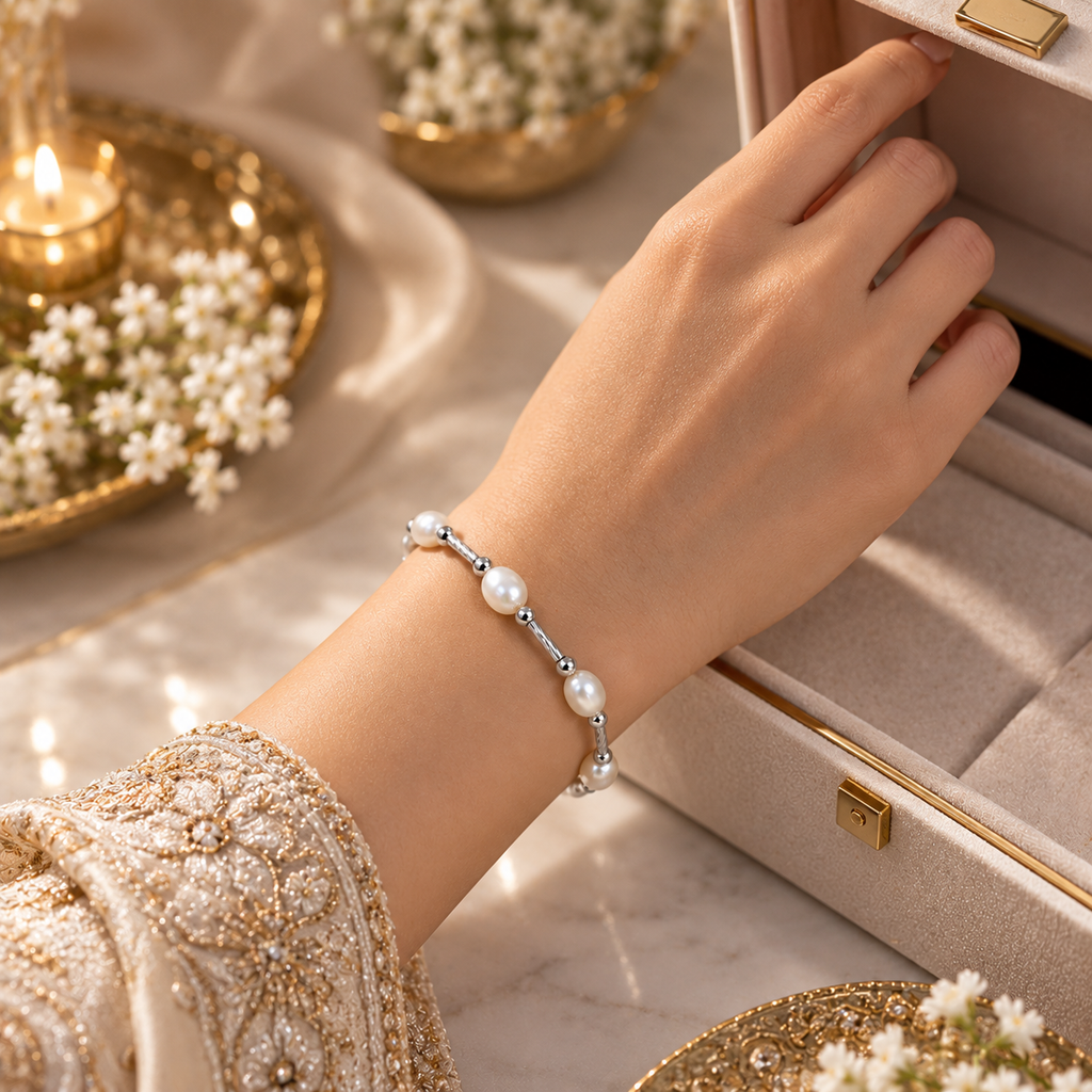 Elegant White Pearl Bracelet with Silver polish Details | Krishna Pearls and Jewellers