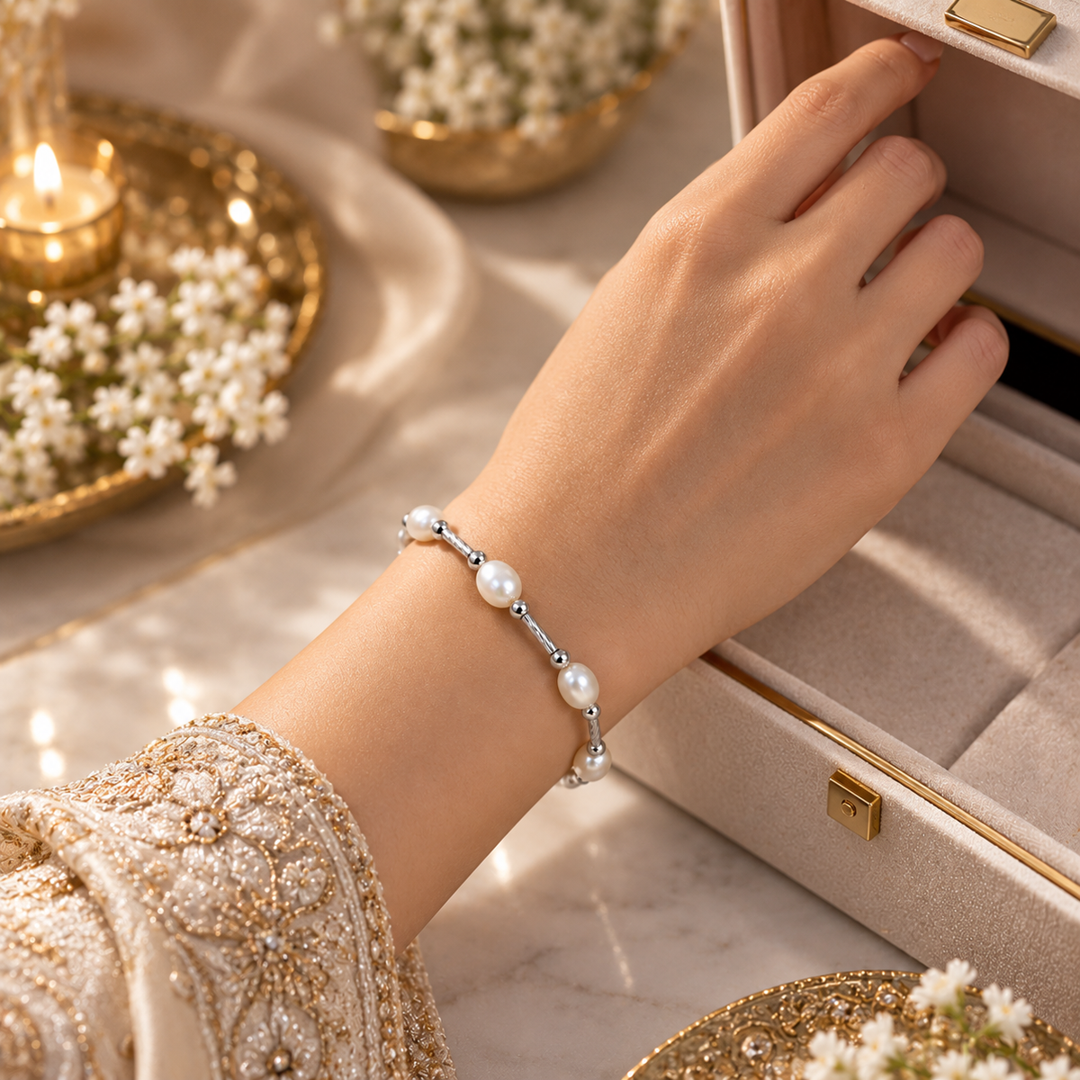 Elegant White Pearl Bracelet with Silver polish Details | Krishna Pearls and Jewellers