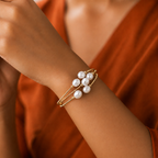 Gold-Tone Polished Multi Pearl Wrap Bracelet | Elegant Freshwater Pearl Layered Bangle