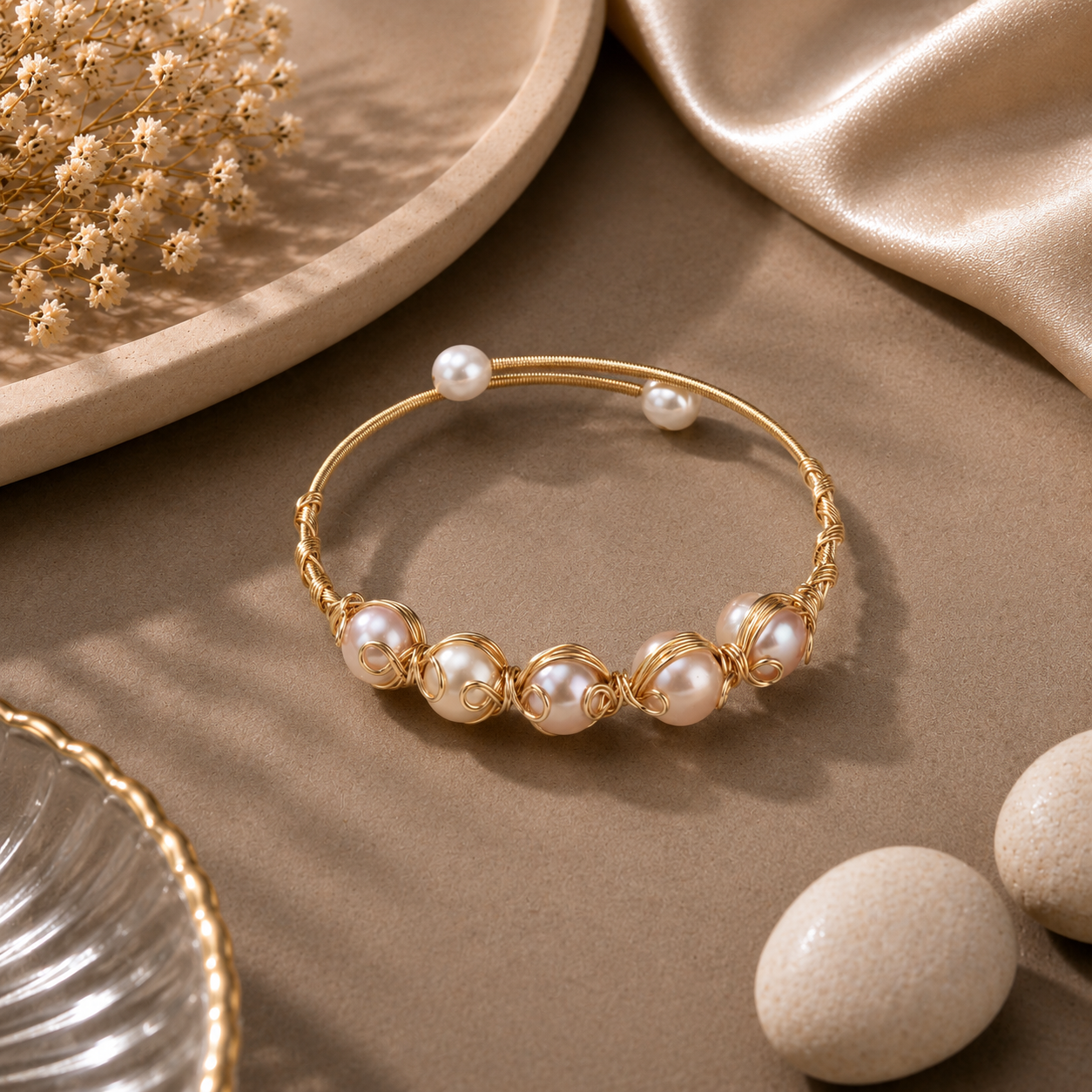 Handcrafted Gold-Tone Pearl Wire Wrap Bracelet | Adjustable Freshwater Pearl Cuff Bangle