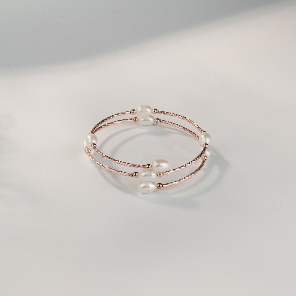 Rose Gold polished Multi-Layer Pearl Bracelet | Elegant Freshwater Pearl Adjustable Cuff Bangle for Women