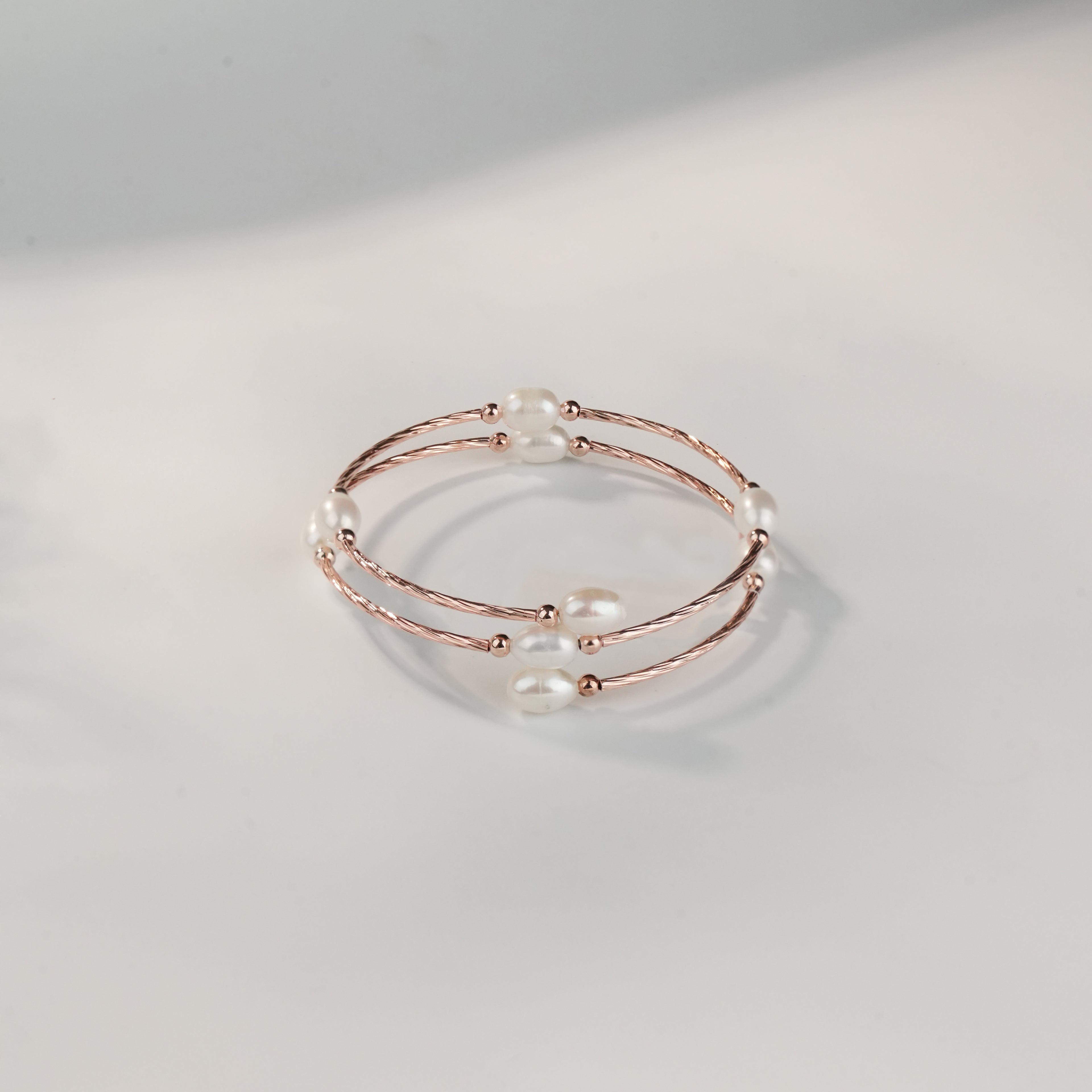 Rose Gold polished Multi-Layer Pearl Bracelet | Elegant Freshwater Pearl Adjustable Cuff Bangle for Women