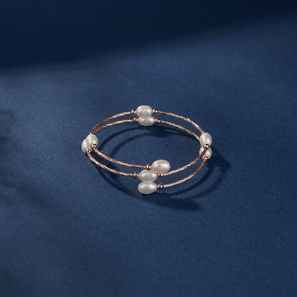 Rose Gold polished Multi-Layer Pearl Bracelet | Elegant Freshwater Pearl Adjustable Cuff Bangle for Women