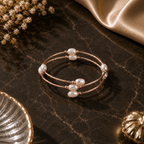 Rose Gold polished Multi-Layer Pearl Bracelet | Elegant Freshwater Pearl Adjustable Cuff Bangle for Women