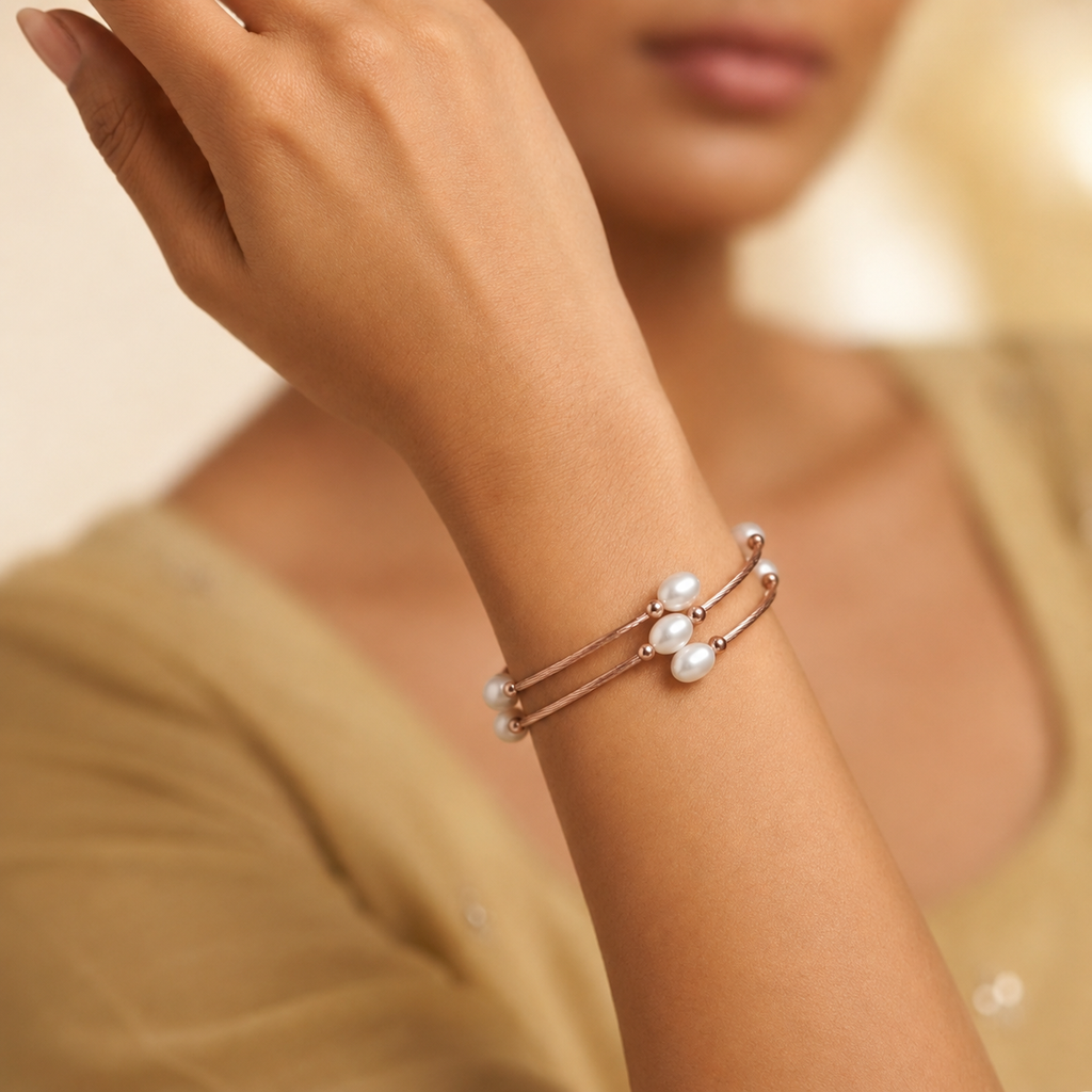 Rose Gold polished Multi-Layer Pearl Bracelet | Elegant Freshwater Pearl Adjustable Cuff Bangle for Women