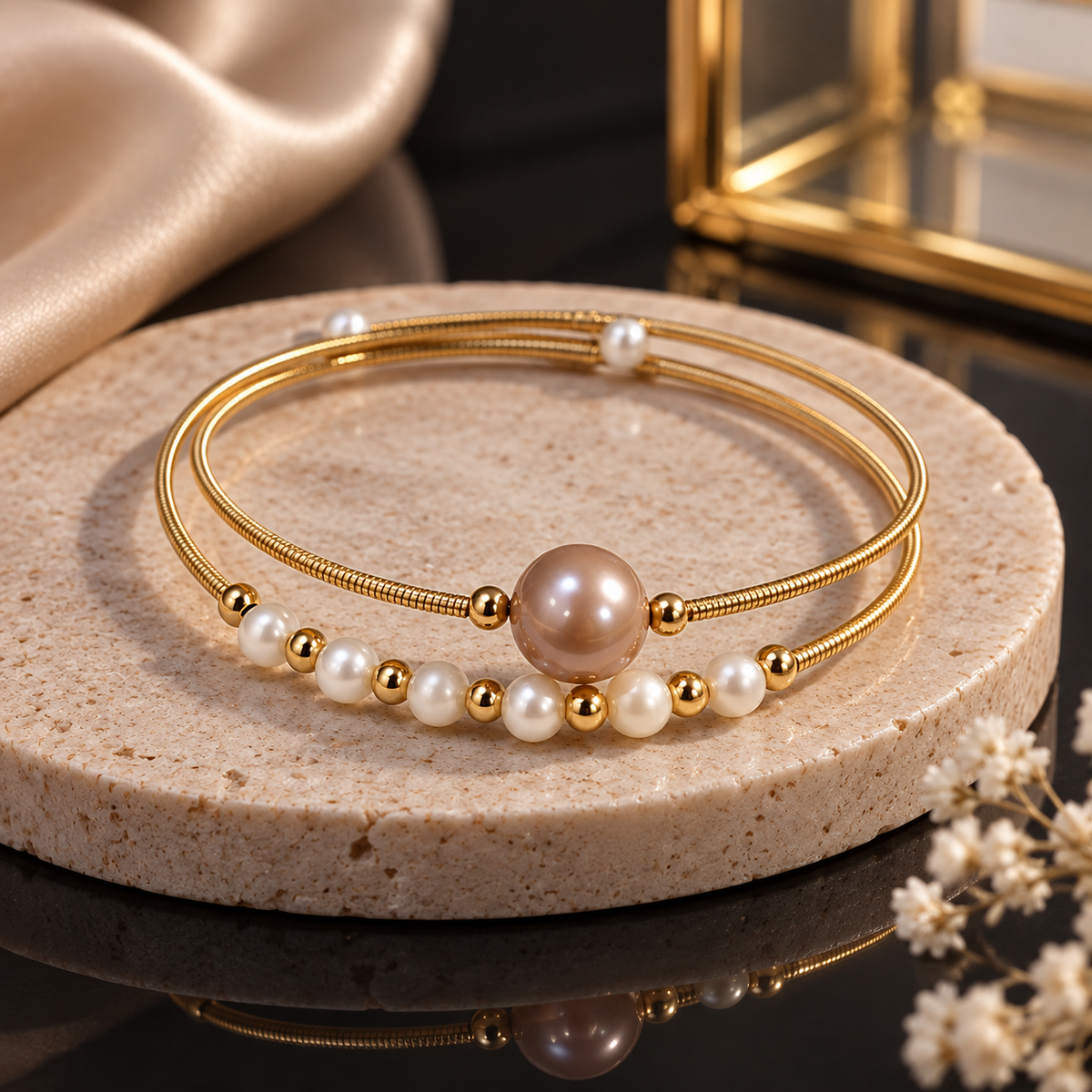 Pearl Beaded Double Strand Bracelet for Women | Alloy Pearl Kada with Large Center Pearl | Krishna Pearls and Jewellers