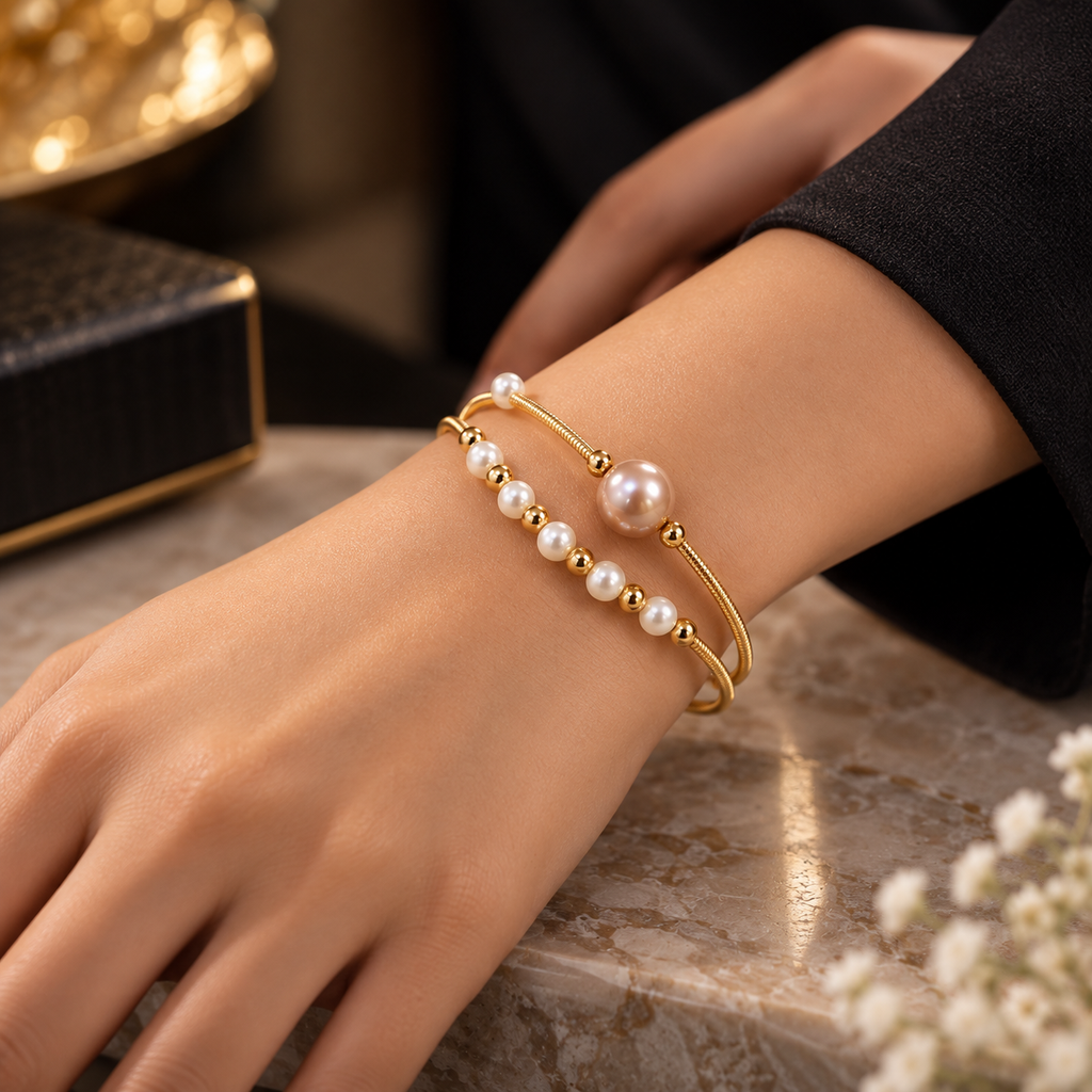Pearl Beaded Double Strand Bracelet for Women | Alloy Pearl Kada with Large Center Pearl | Krishna Pearls and Jewellers