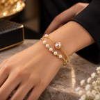 Pearl Beaded Double Strand Bracelet for Women | Alloy Pearl Kada with Large Center Pearl | Krishna Pearls and Jewellers