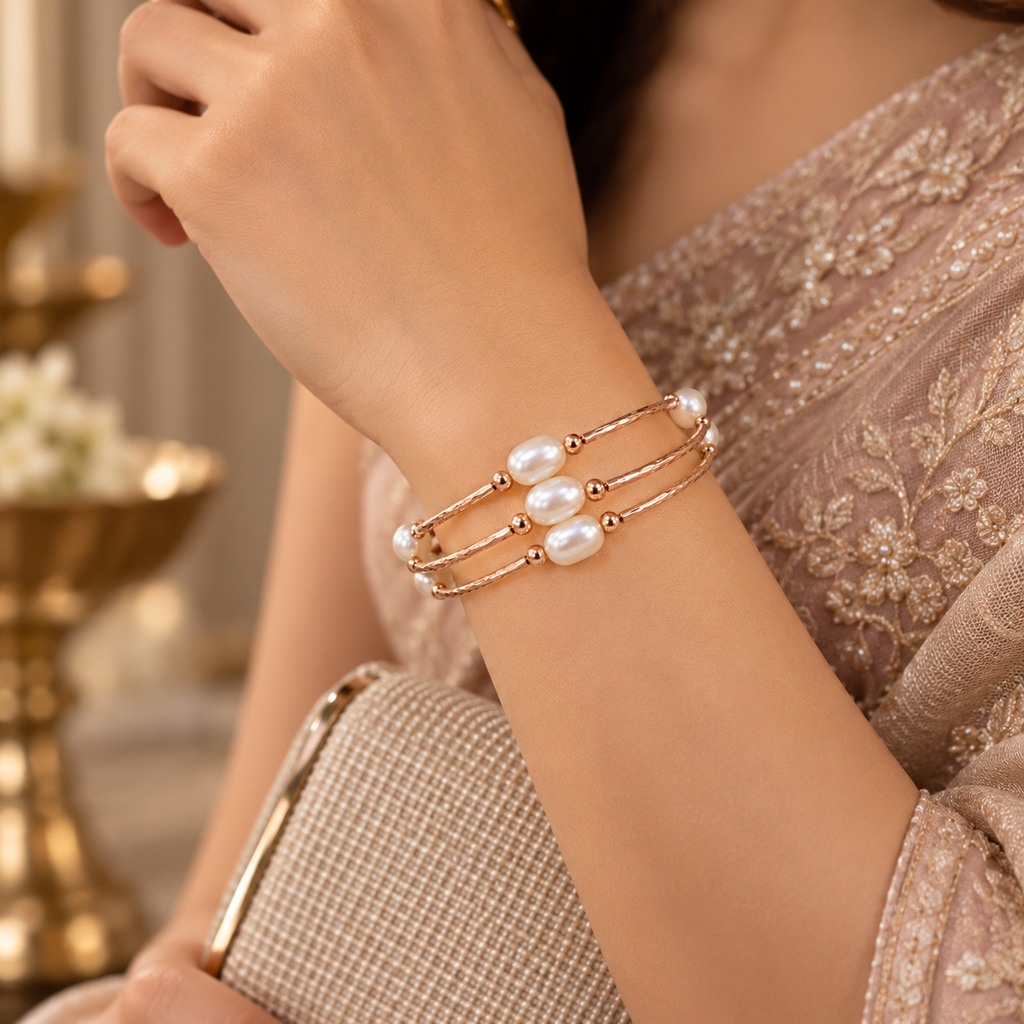 Pearl Multi-Strand Alloy Bracelet for Women | Rose Gold Polish Pearl Kada with Statement Pearls | Krishna Pearls and Jewellers