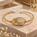 Pearl Wire Wrapped Alloy Cuff Bracelet for Women | Statement Mother of Pearl Kada | Krishna Pearls and Jewellers