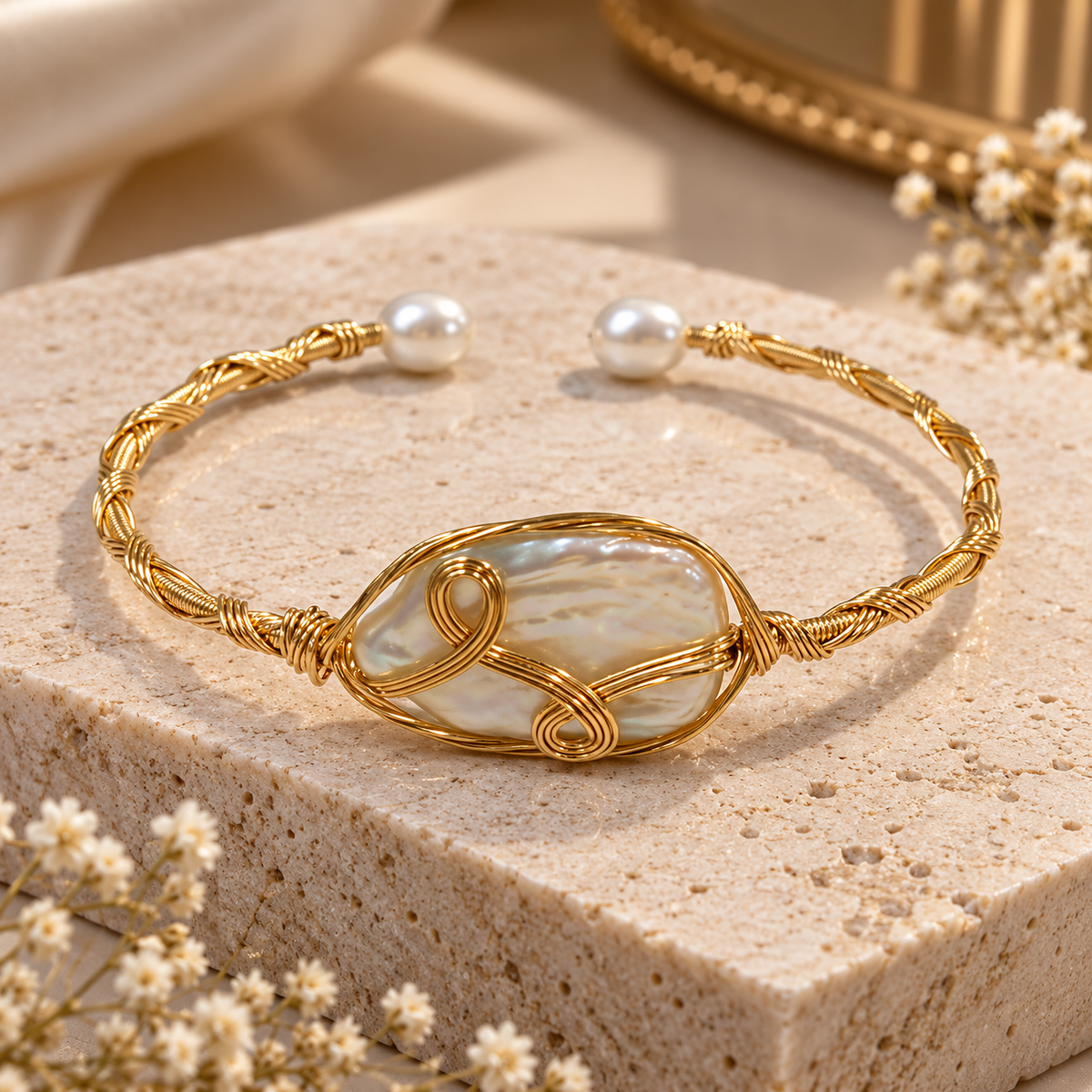 Pearl Wire Wrapped Alloy Cuff Bracelet for Women | Statement Mother of Pearl Kada | Krishna Pearls and Jewellers