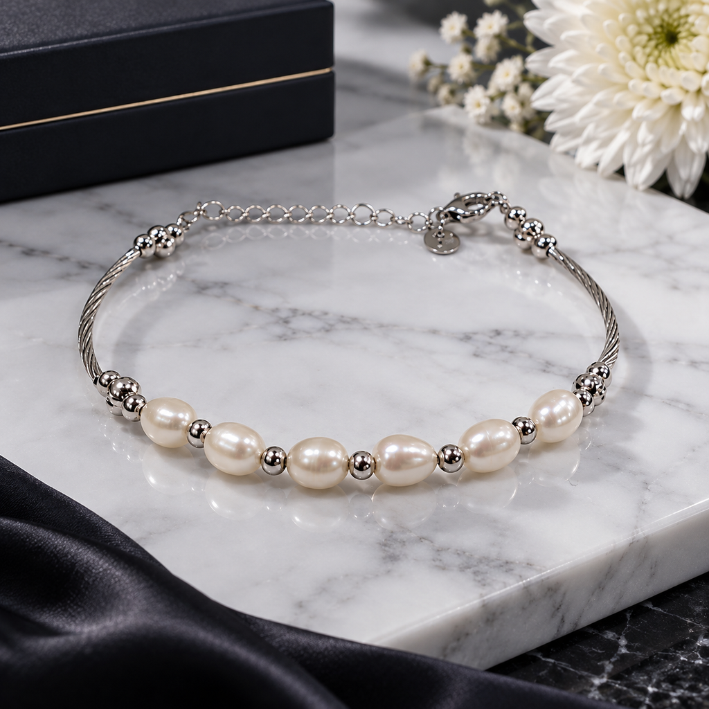 Pearl & Alloy Bracelet for Women | Elegant Pearl Beaded Silver Bracelet | Krishna Pearls and Jewellers