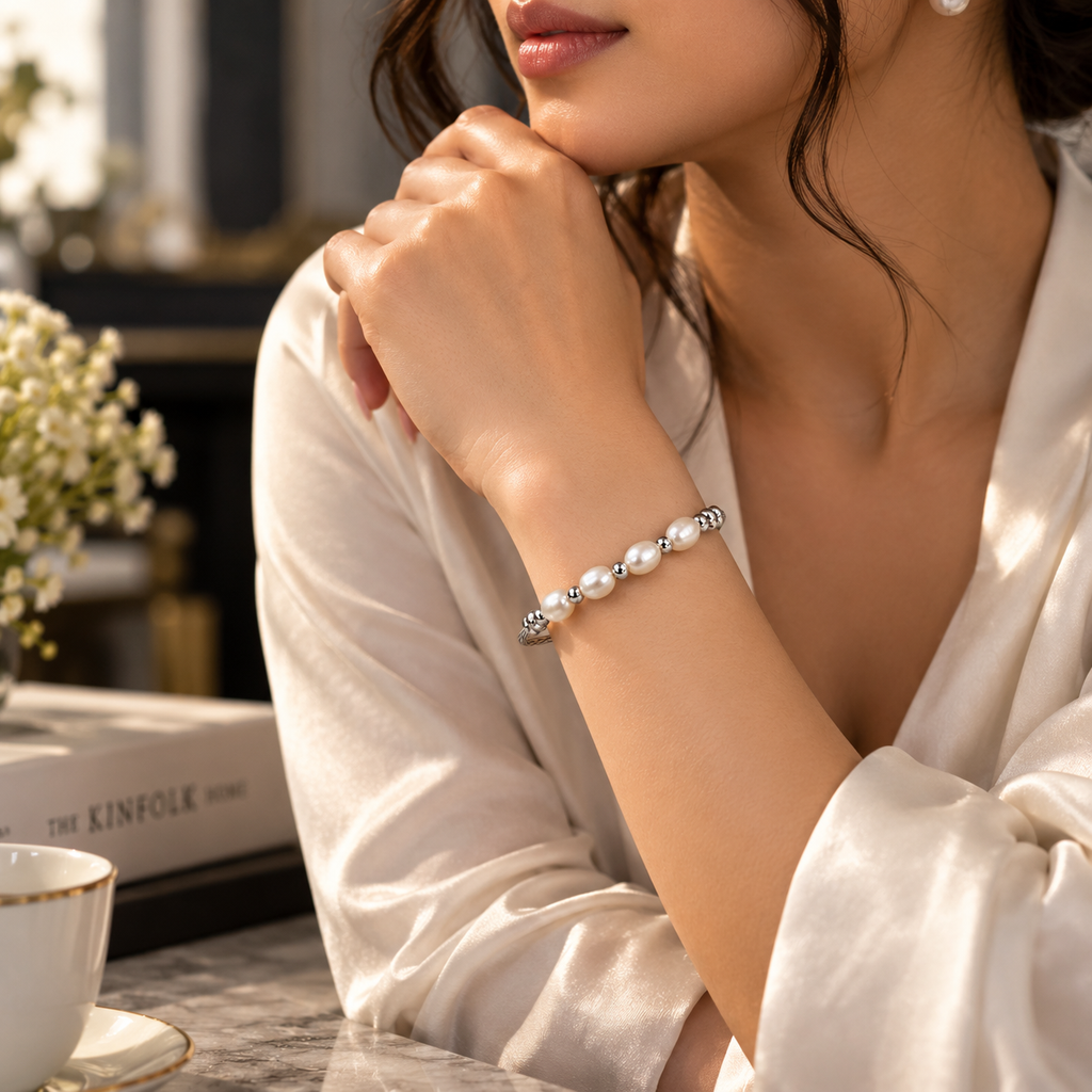 Pearl & Alloy Bracelet for Women | Elegant Pearl Beaded Silver Bracelet | Krishna Pearls and Jewellers