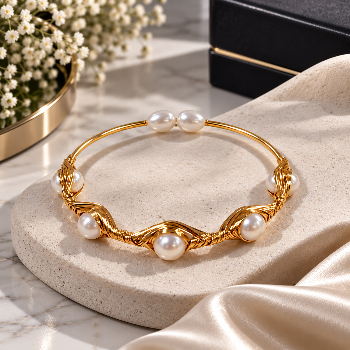 Pearl Wirework Gold-Tone Alloy Kada Bracelet for Women | Statement Pearl Bangle | Krishna Pearls and Jewellers