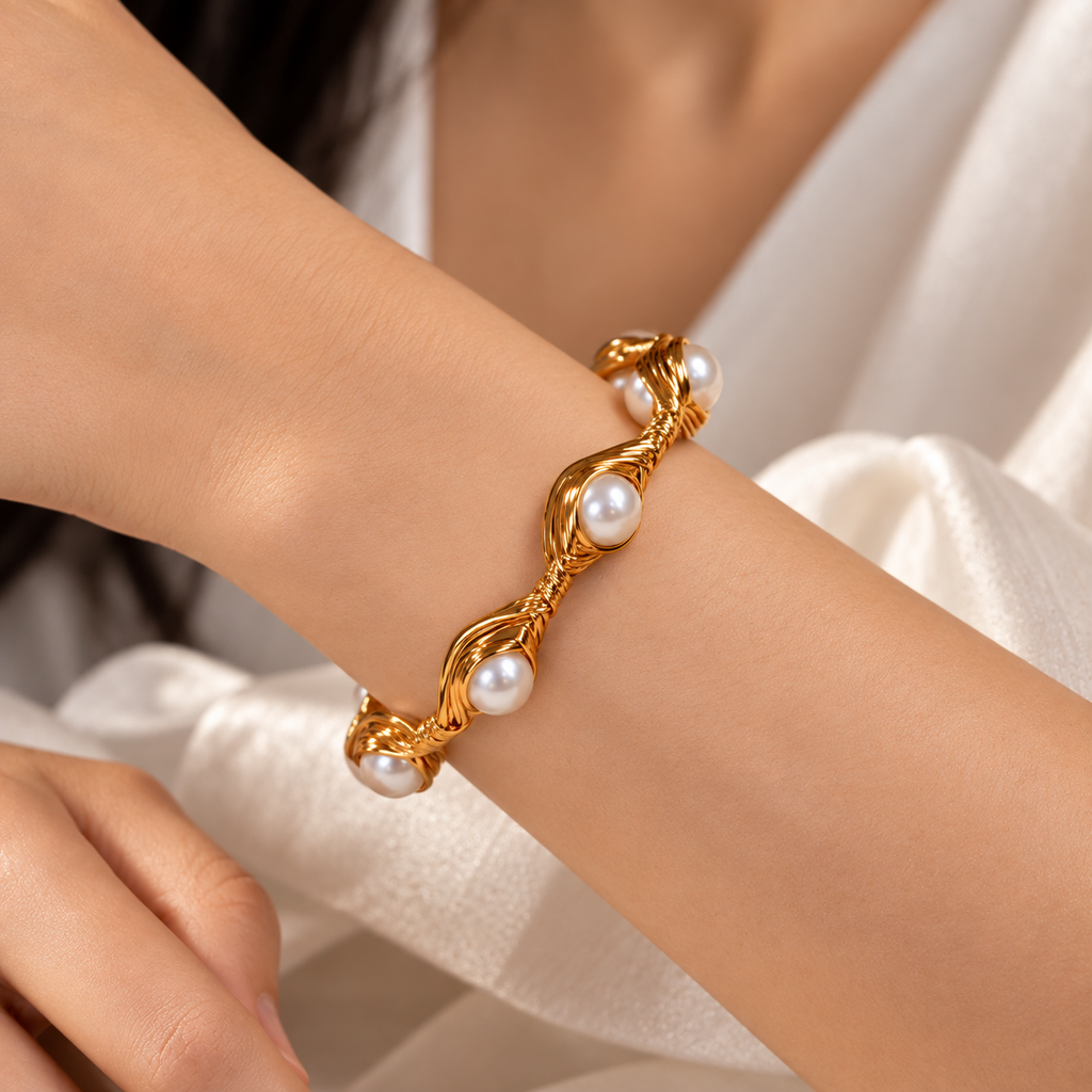 Pearl Wirework Gold-Tone Alloy Kada Bracelet for Women | Statement Pearl Bangle | Krishna Pearls and Jewellers