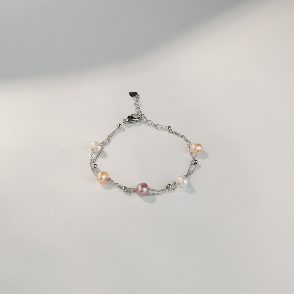 Multi-Color Pearl Chain Bracelet | Adjustable Sterling Silver-Tone Pearl Bracelet