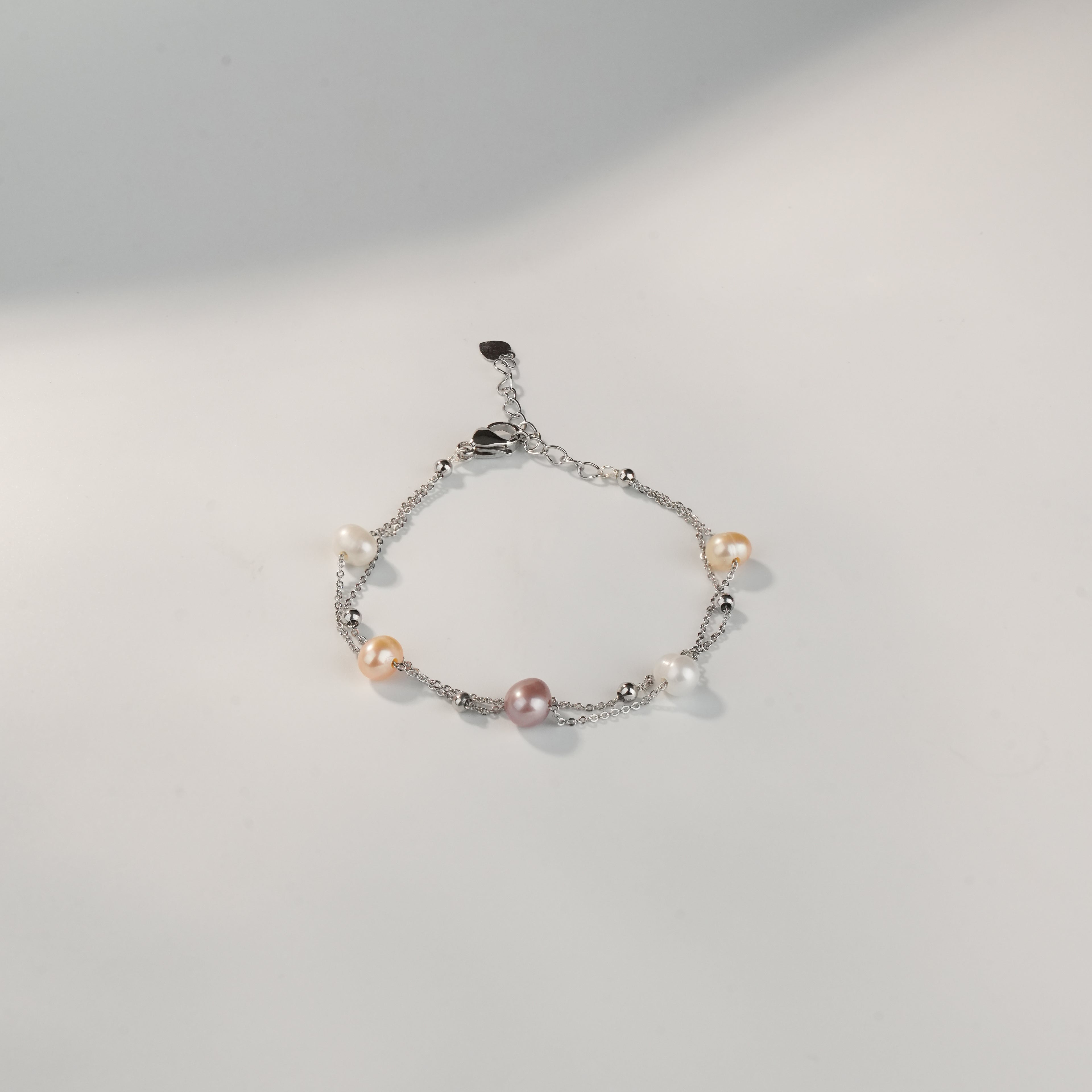 Multi-Color Pearl Chain Bracelet | Adjustable Sterling Silver-Tone Pearl Bracelet