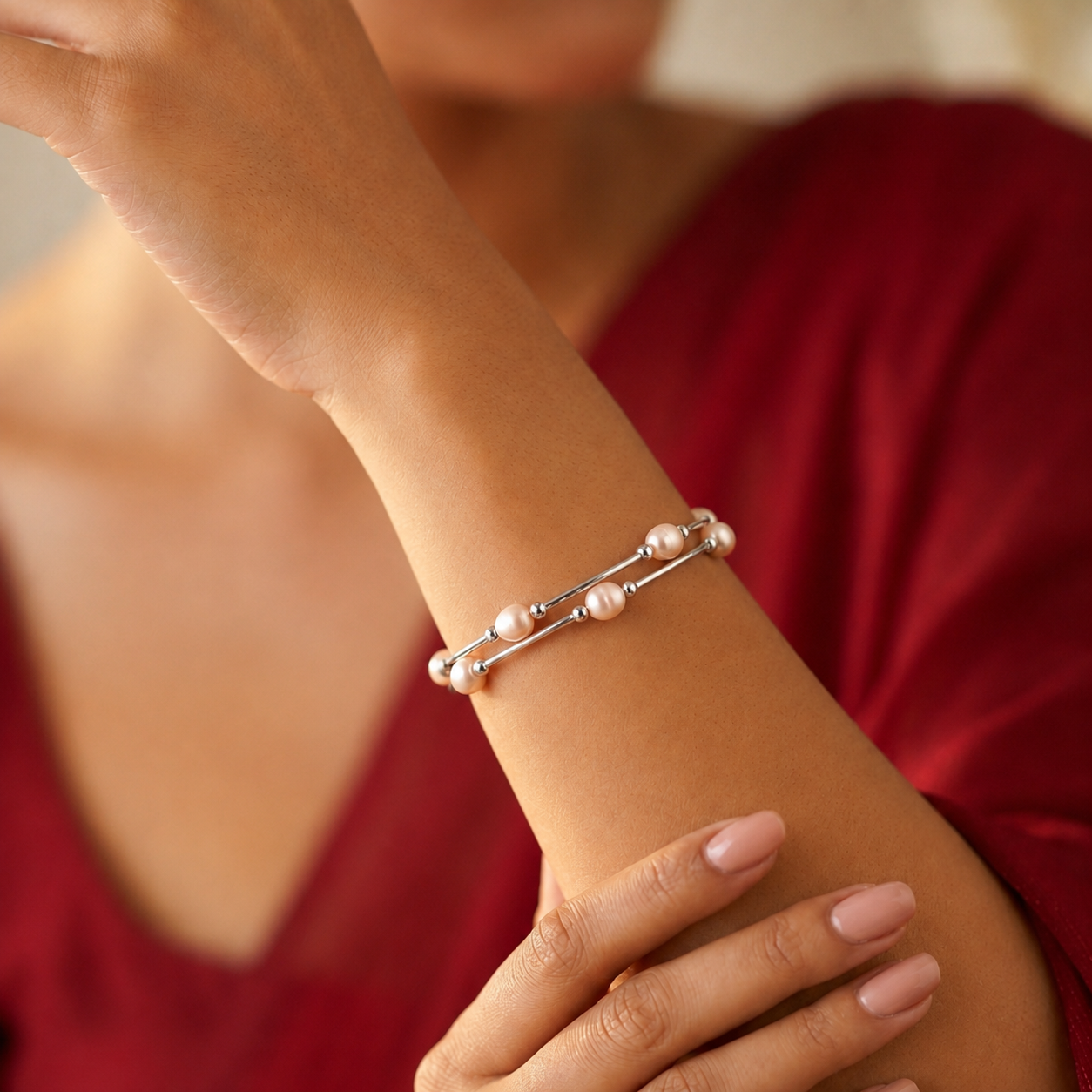 Freshwater Pearl Multi-Layer Silver Polish Bracelet