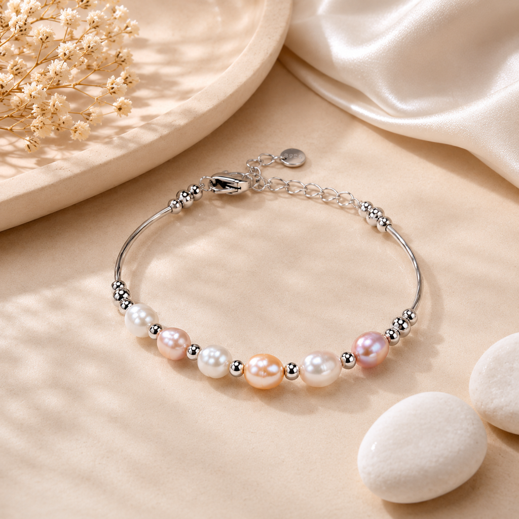 Pastel Freshwater Pearl Bracelet | Sterling Silver Adjustable Pearl Chain Bracelet
