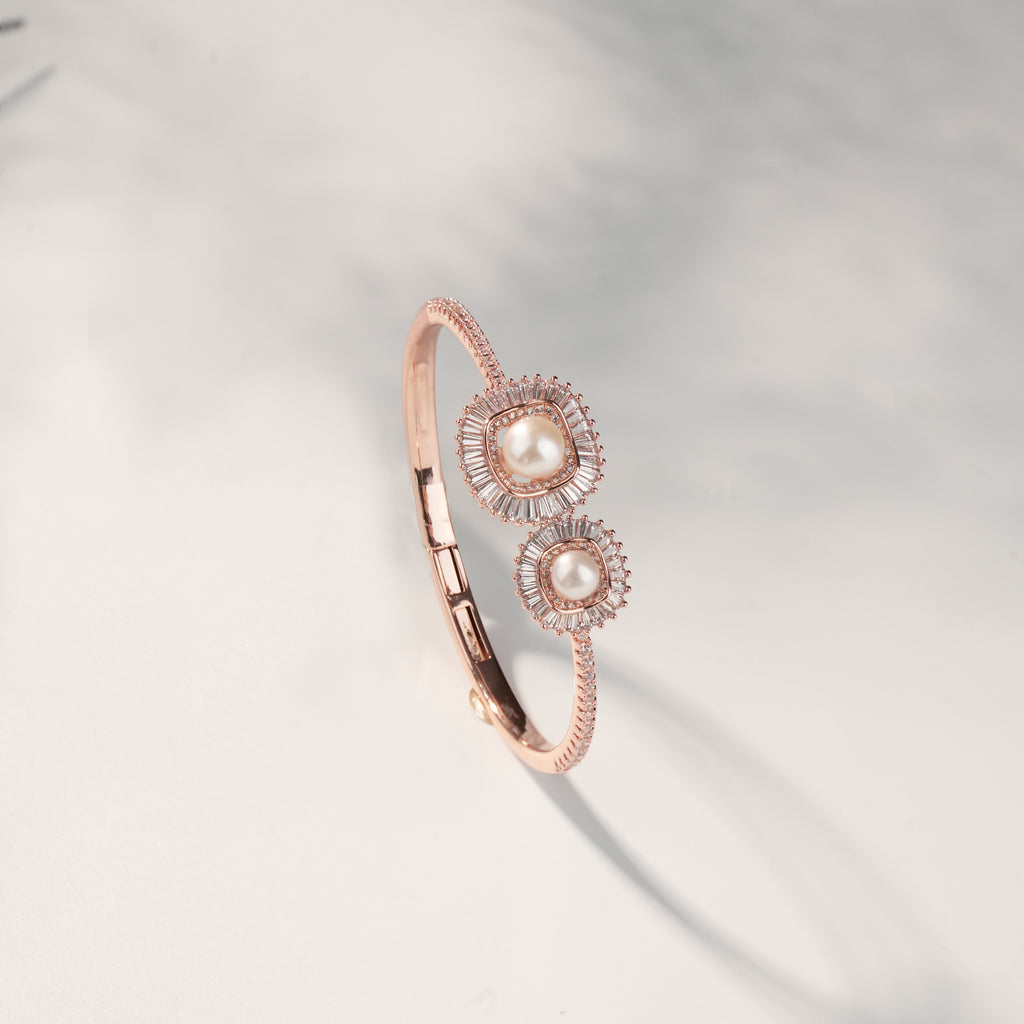 Rose Gold Pearl & CZ Open Cuff Bracelet | Luxury Adjustable Designer Bangle for Women