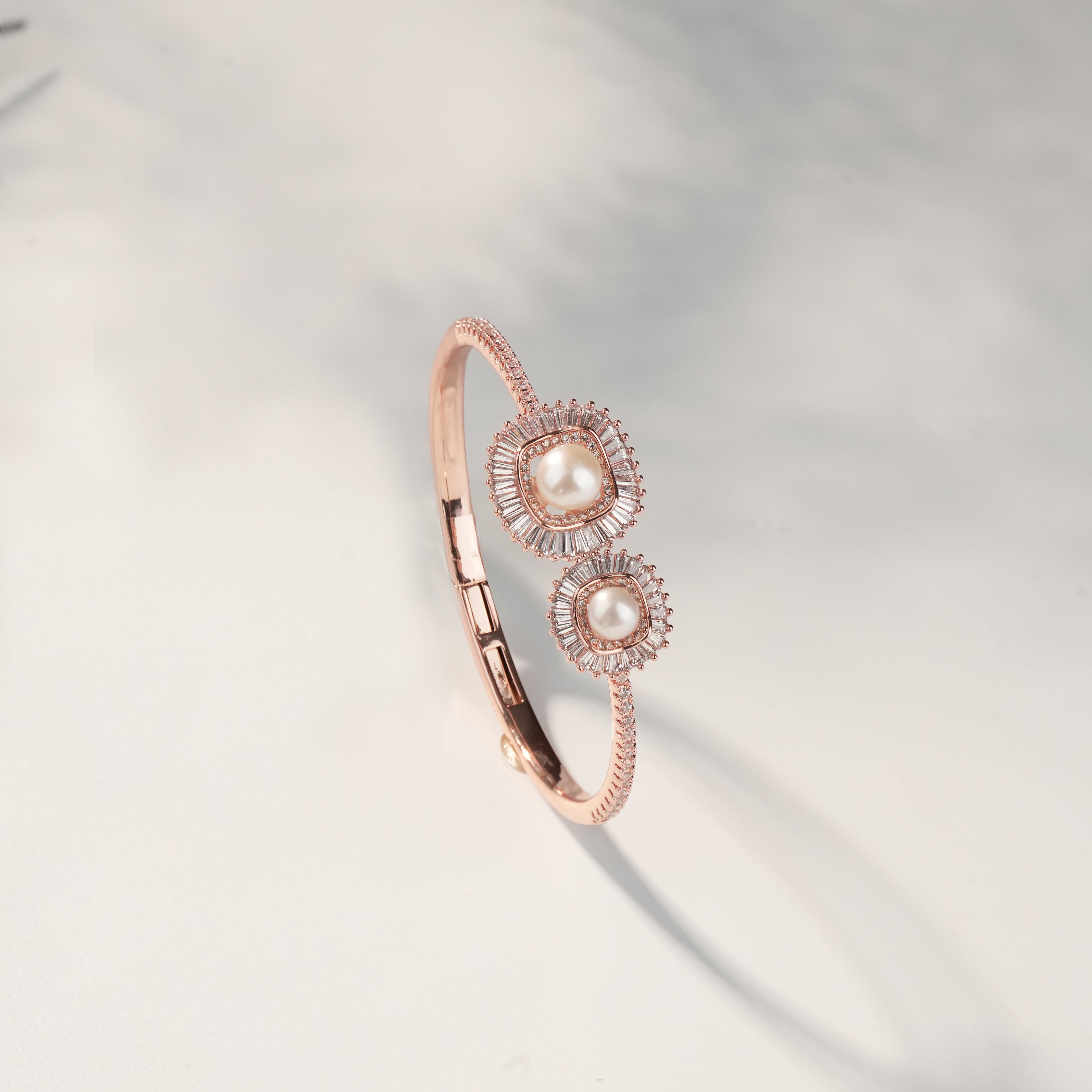 Rose Gold Pearl & CZ Open Cuff Bracelet | Luxury Adjustable Designer Bangle for Women