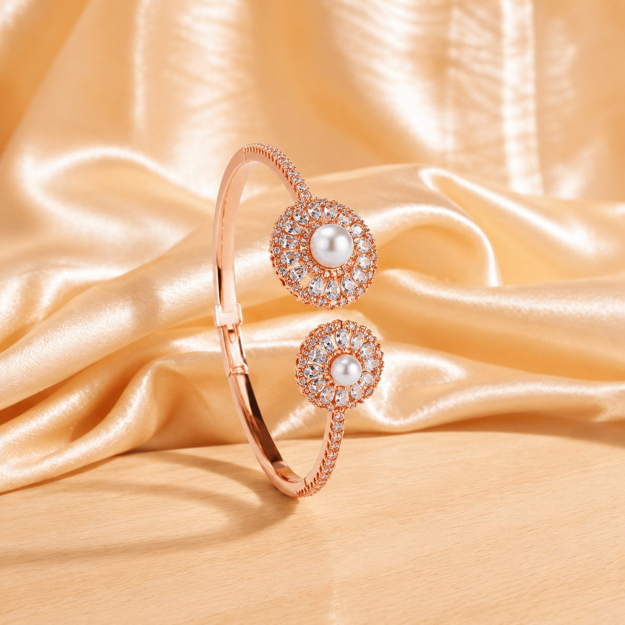 Rose Gold Pearl & CZ Open Cuff Bracelet | Luxury Adjustable Designer Bangle for Women
