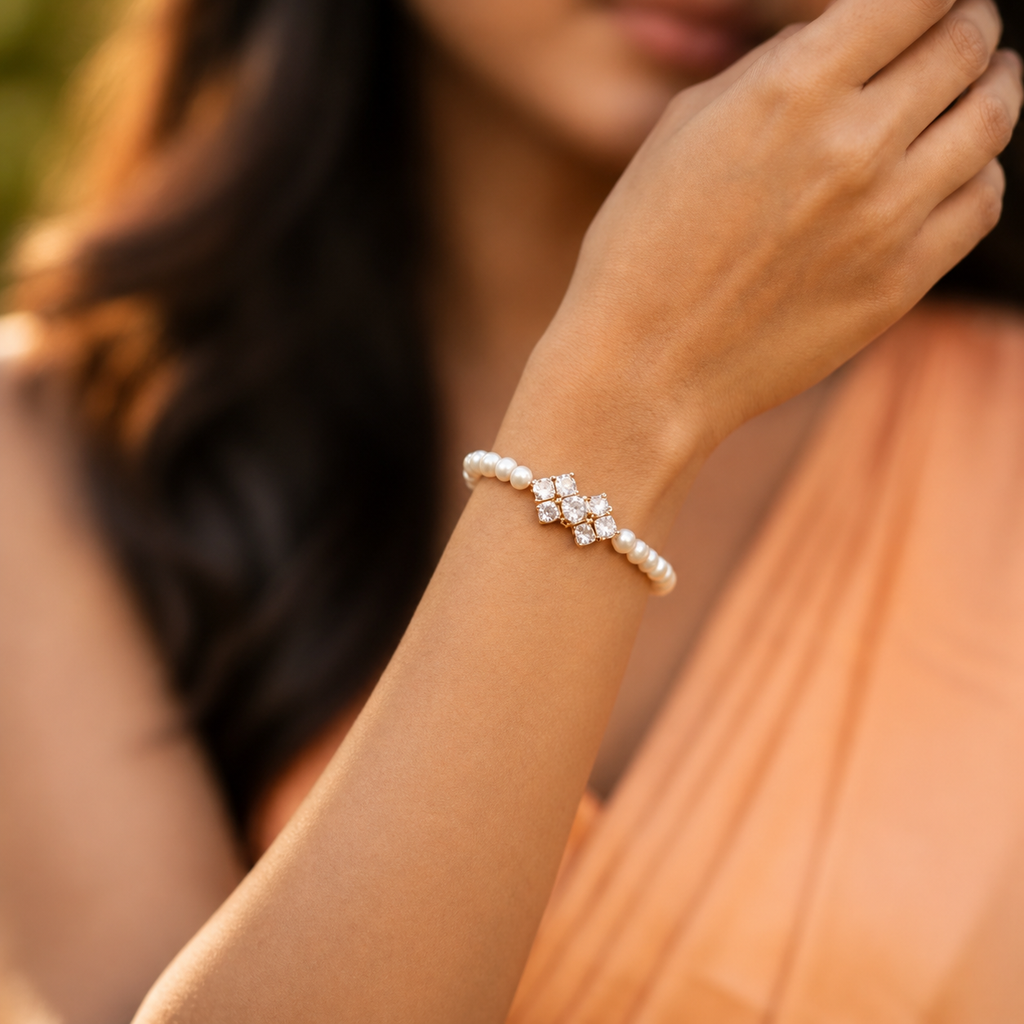 Radiant Bloom: White Pearl Bracelet with Crystal Floral Center