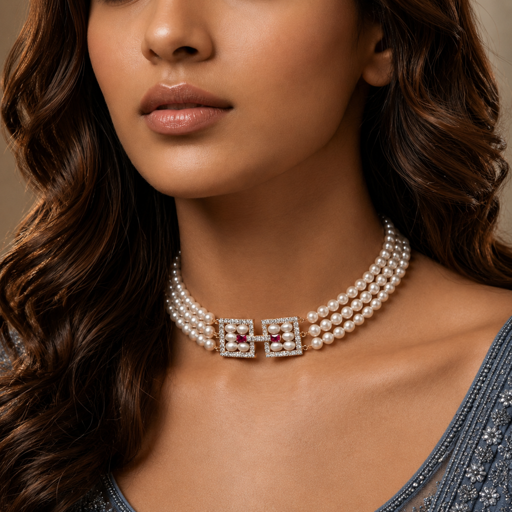 Regal Gold Clasp Triple-Strand Pearl Choker