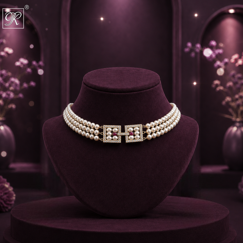 Regal Gold Clasp Triple-Strand Pearl Choker