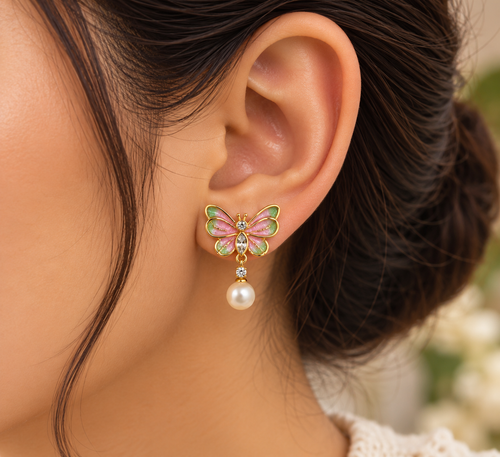 Aurora Butterfly Pearl Drop Earrings for Women – Pink & Green Gold-Tone Design | Krishna Pearls & Jewellers