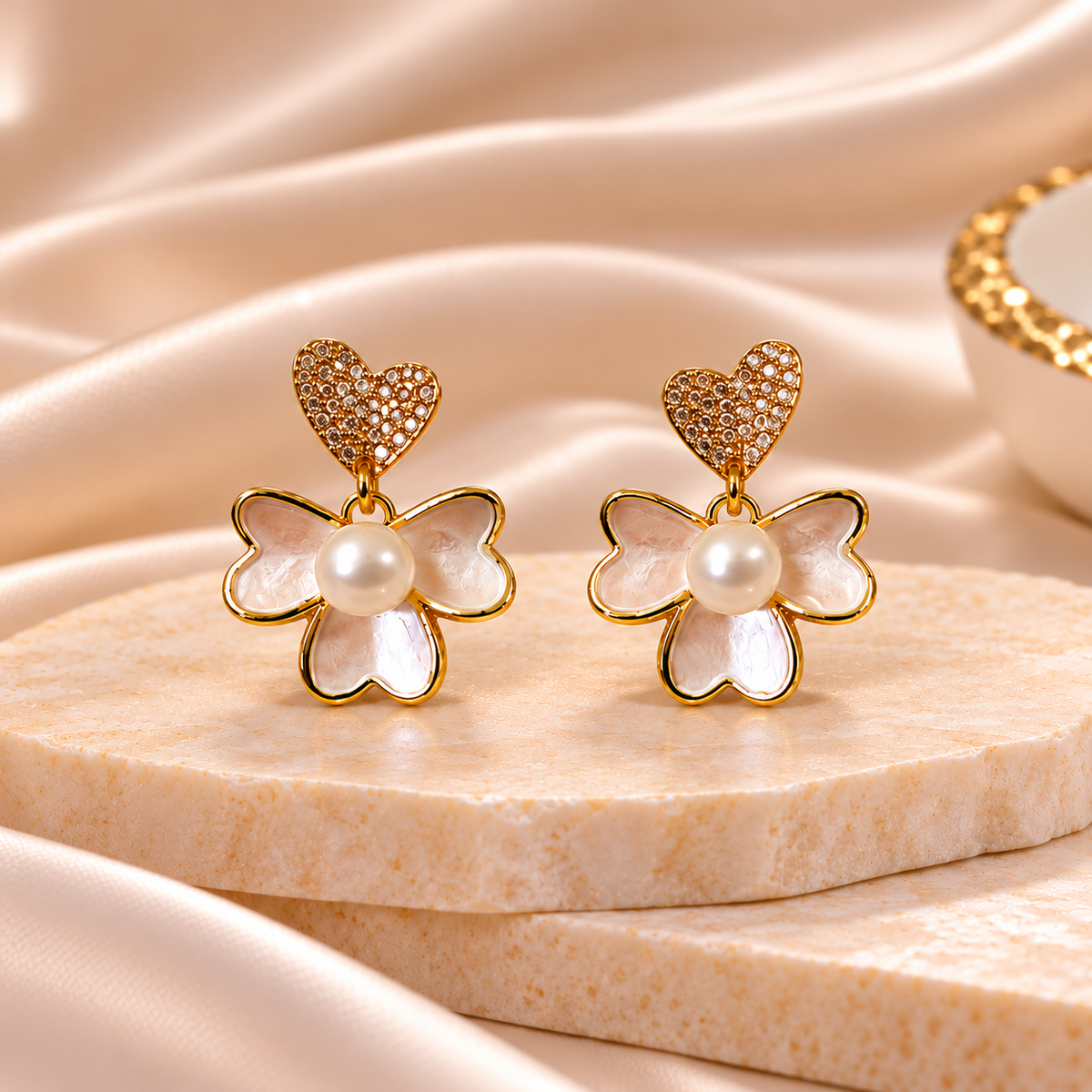 Heart Bloom Pearl Floral Drop Earrings for Women – Elegant Gold-Tone Design | Krishna Pearls & Jewellers