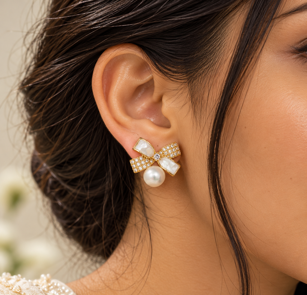 Gold-Tone Pearl Bow Drop Earrings for Women – Elegant Crystal-Accented Earrings
