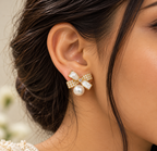 Gold-Tone Pearl Bow Drop Earrings for Women – Elegant Crystal-Accented Earrings