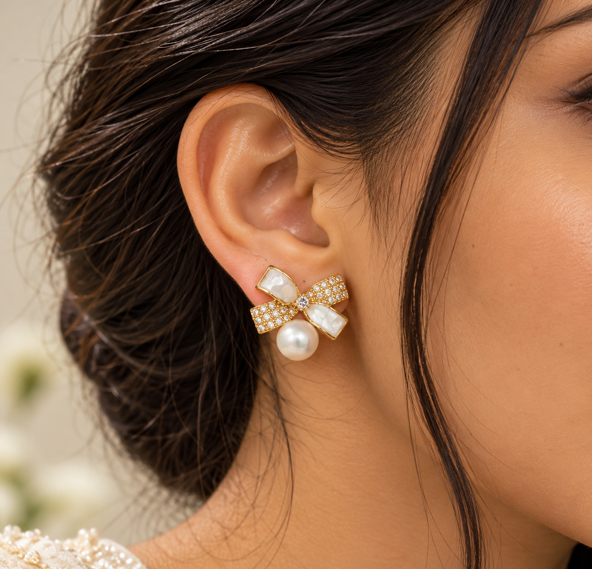 Gold-Tone Pearl Bow Drop Earrings for Women – Elegant Crystal-Accented Earrings