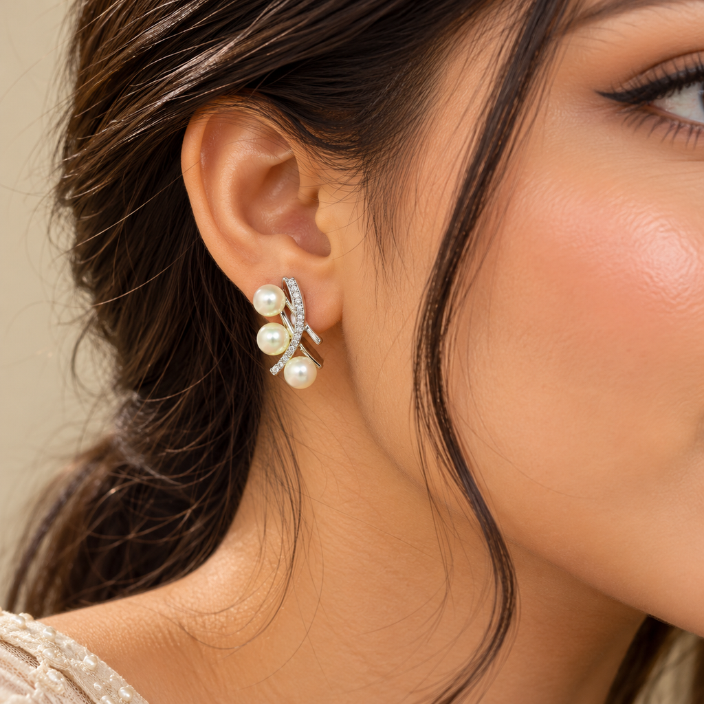 Triple Pearl Crisscross Stud Earrings for Women – Elegant Silver-Tone Design | Krishna Pearls & Jewellers